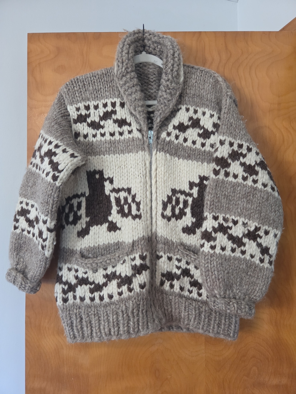 Kids Thick Knit Zip-Up Jacket in Beige & Cream